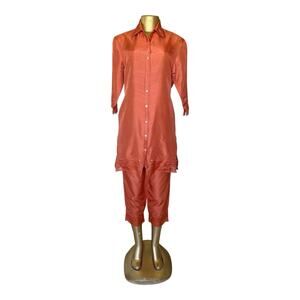 ANNE CARSON Womens Size Small 6 Embroidered Burnt Orange Silk Shirt Pants Set